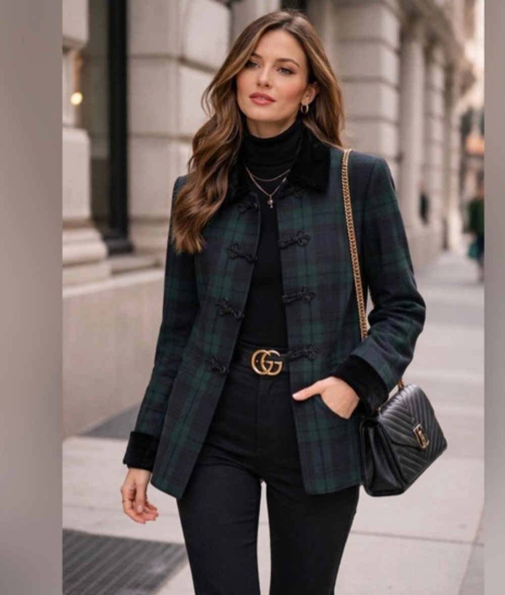 Vintage Amanda Smith Black Watch Plaid Wool Jacket 14 Velvet collar and closure